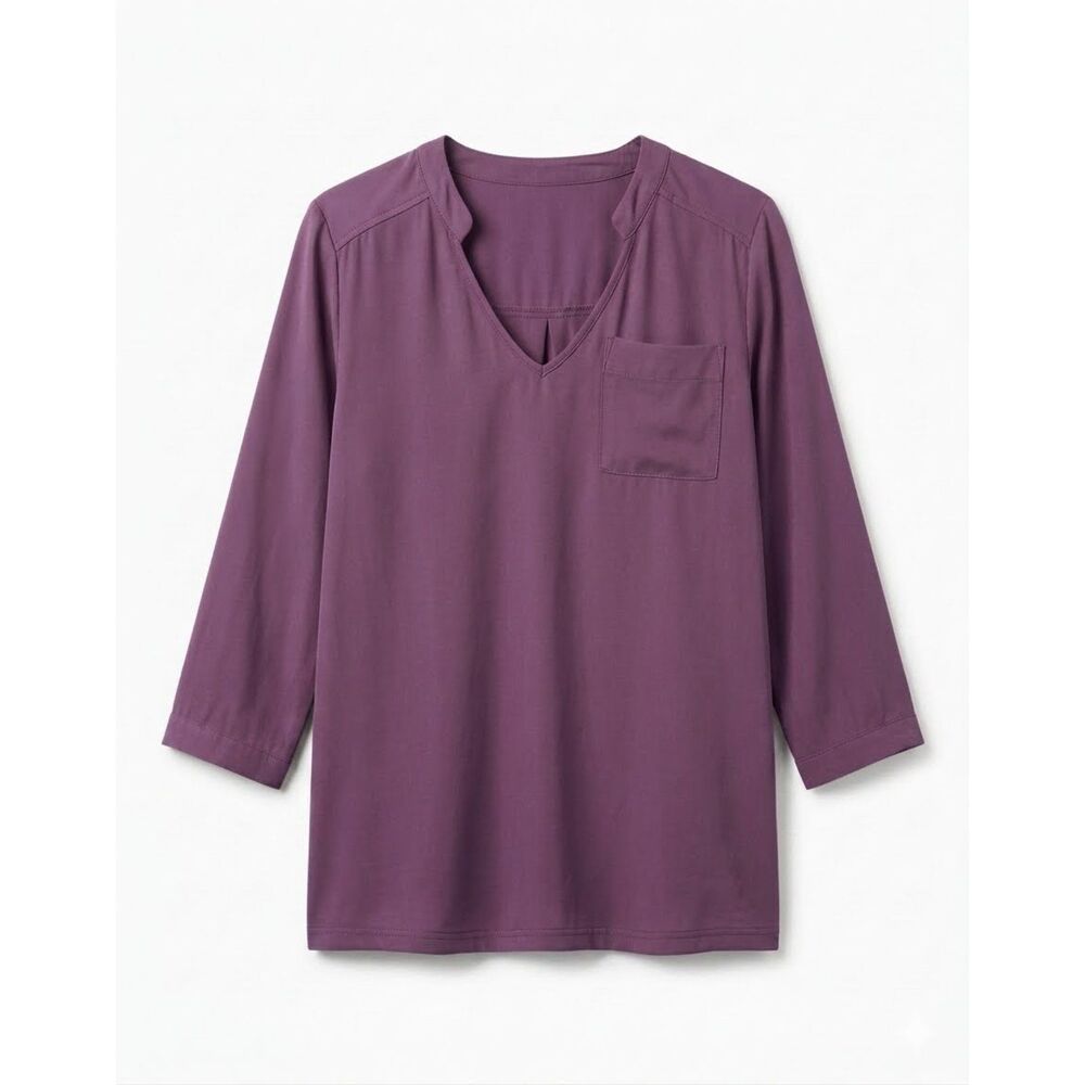 Lisa Rinna Top Womens L Purple V Neck 3/4 Sleeve Pleated Flowy Stretch